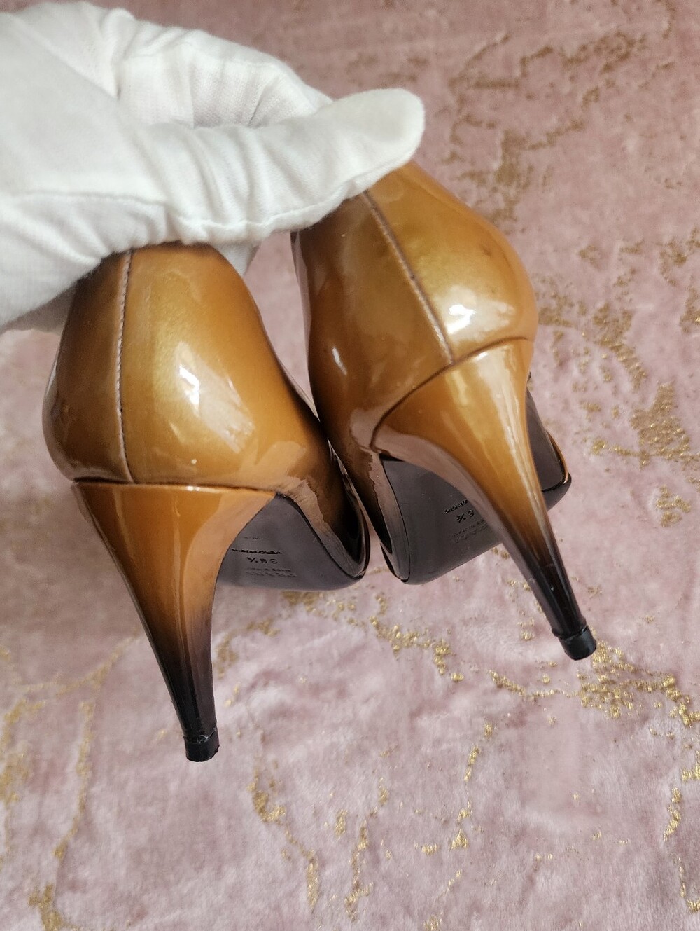 PRADA | Two-Tone Brown Patent Peep-Toe Heels with Bow - Picture 9 of 13
